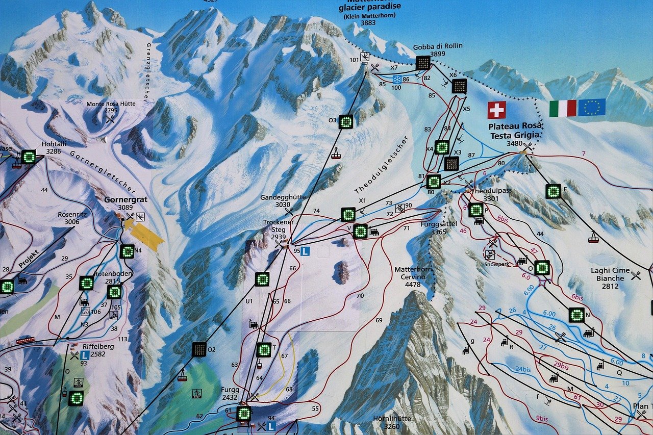 map, zermatt, the alps, switzerland, tops, snow, ski, matterhorn, gornergrat, winter, mountains, landscape, white, fairy-tale winter, perspective, ski resort, winter landscape, nature, ski slope, ski complex, ski station, ski runs, downhill route, rest, winter sports, ski lift, biel, stok, winter sport, active recreation, snow-covered slope, skiing, information, flags, blue