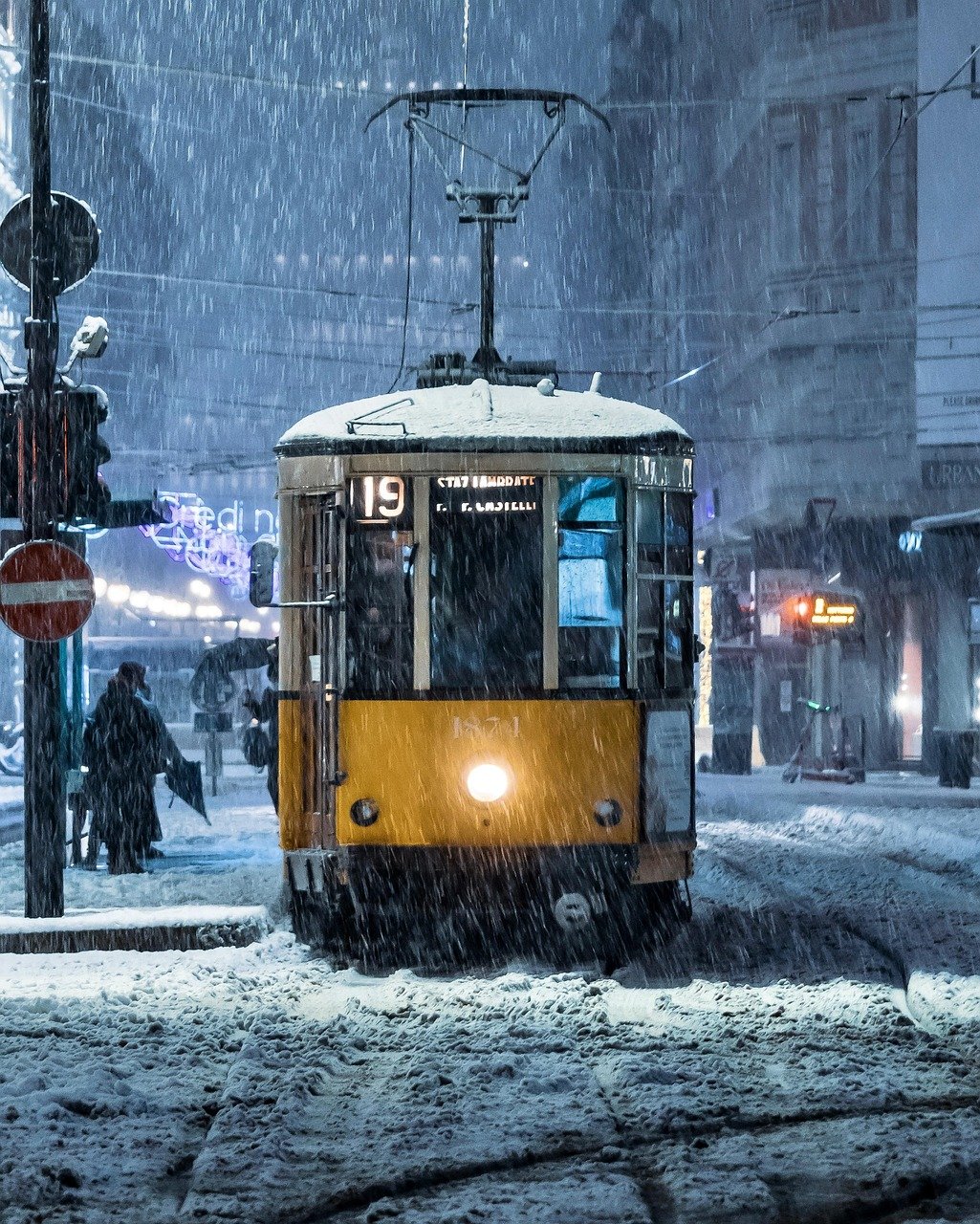 tram, nature, snow, winter, night, transportation