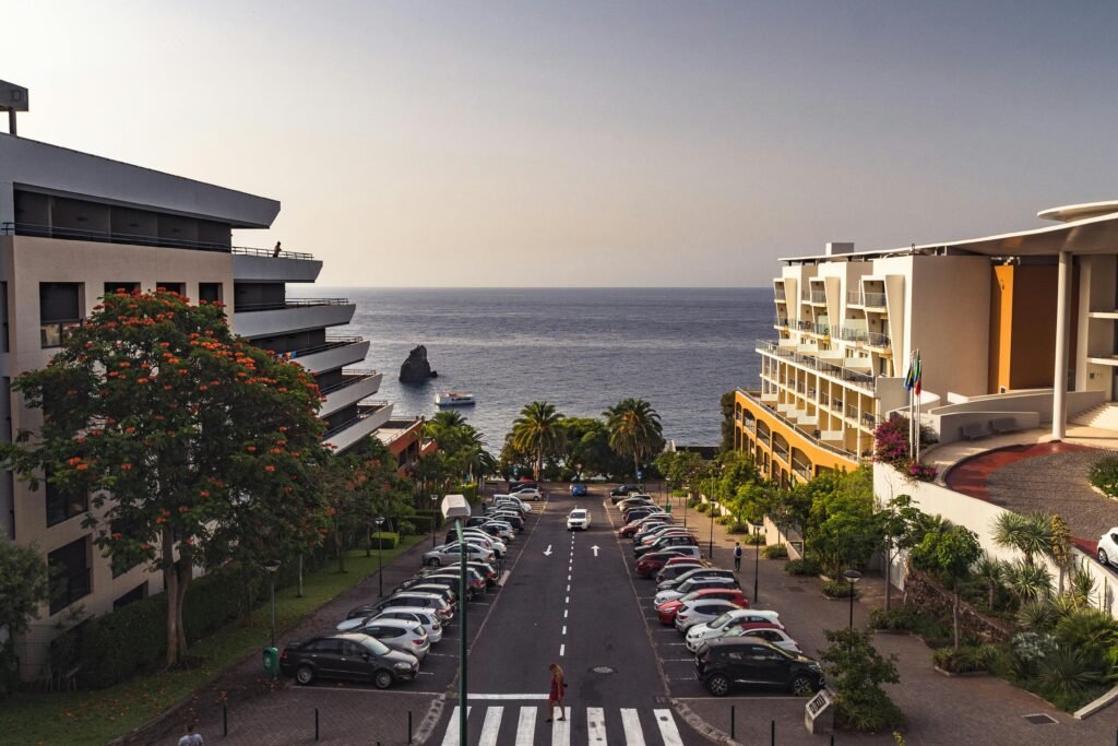 Beautiful seaside view of Madeira's modern architecture and scenic coastline.