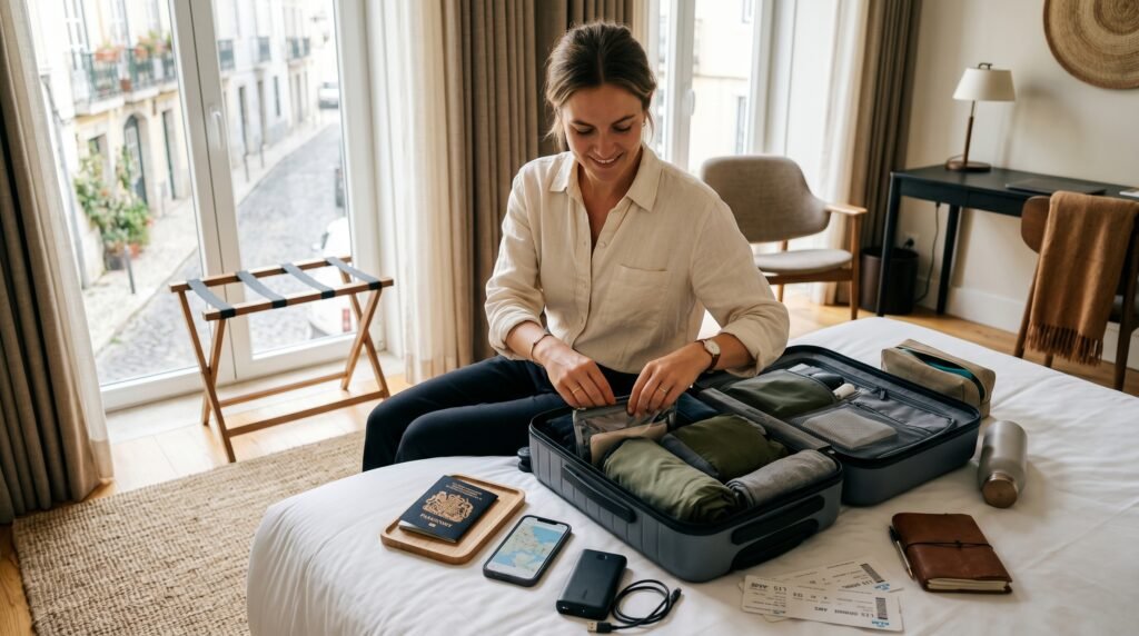 Solo female traveler organizing travel essentials and packing a suitcase