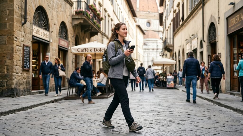 Solo female traveler exploring a city safely with an anti-theft travel bag