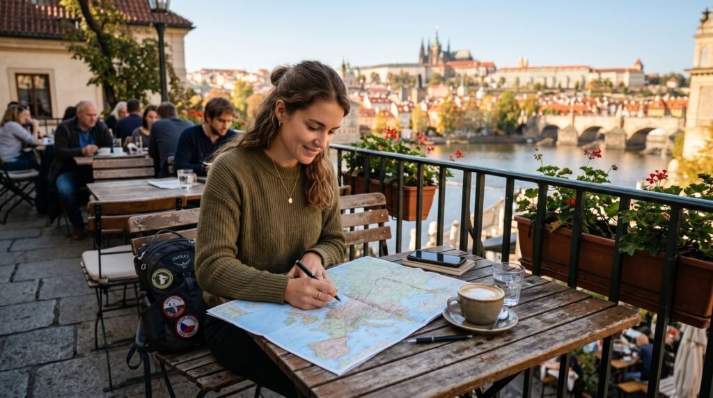 Female solo traveler planning her next destination at a European cafe