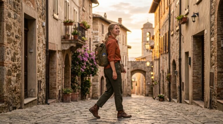 Confident female solo traveler exploring a charming European old town during golden hour
