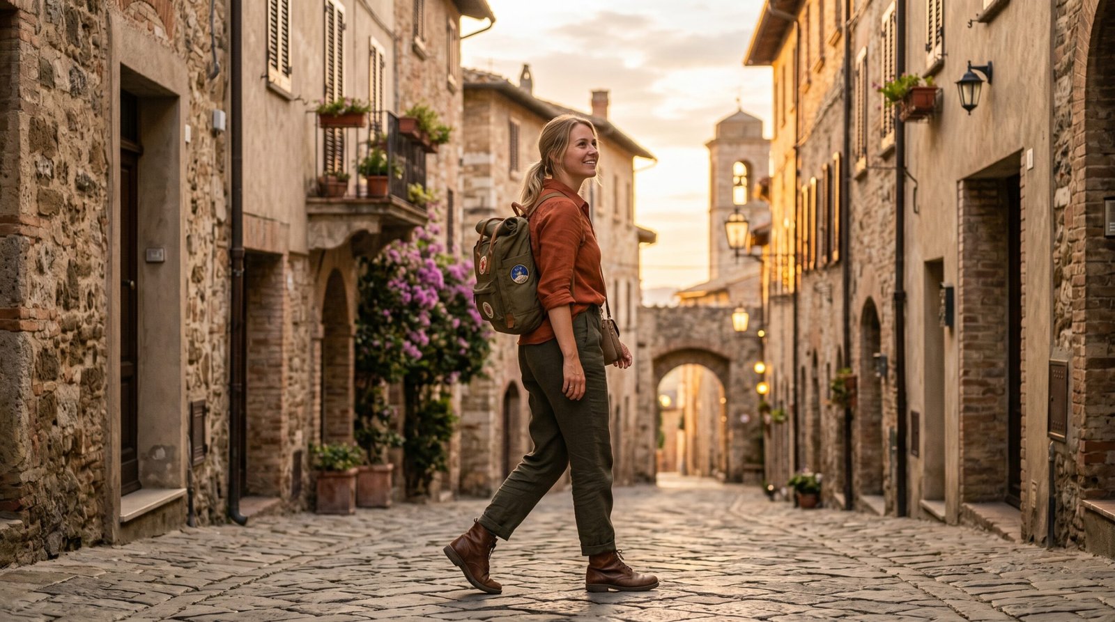 Confident female solo traveler exploring a charming European old town during golden hour