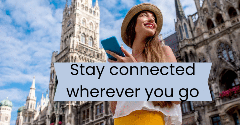 Woman smiling with smartphone outdoors looking for esim.