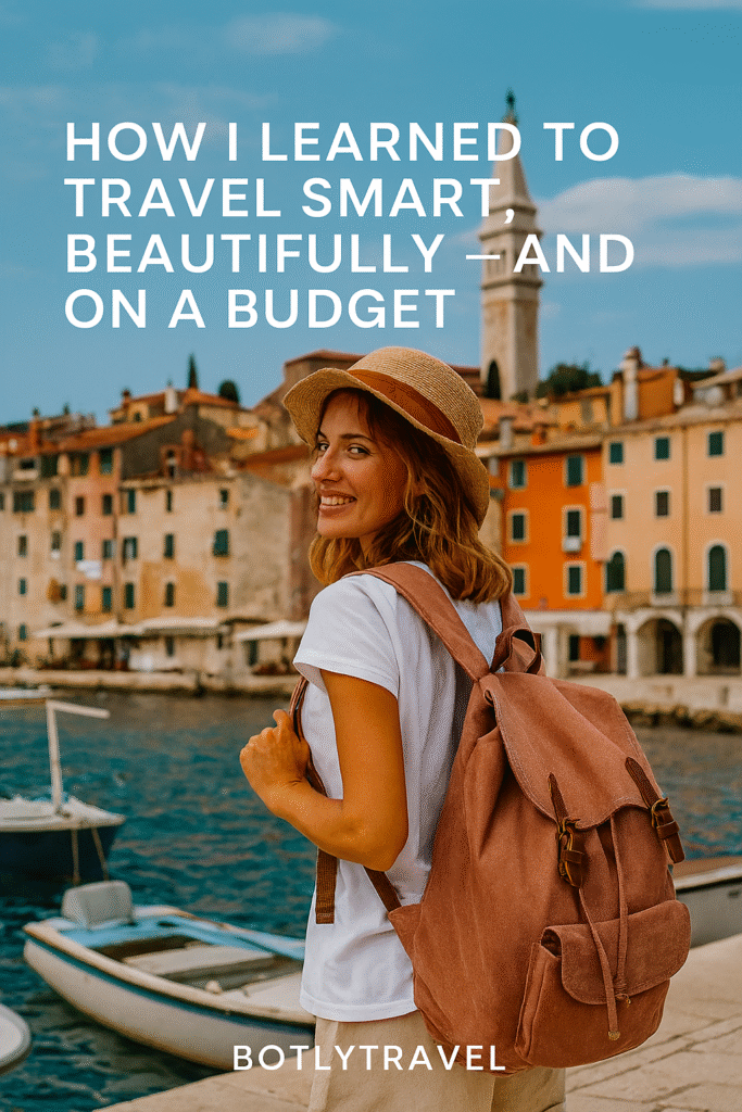 Young woman with backpack smiling in front of colorful European waterfront buildings — budget travel inspiration for solo female travelers