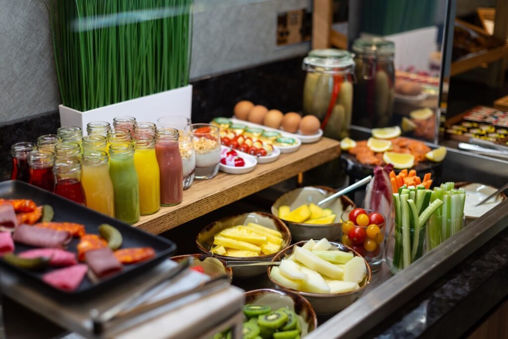 Colourful buffet of fresh foods in Crown Plaza hotel Heatrow airport
