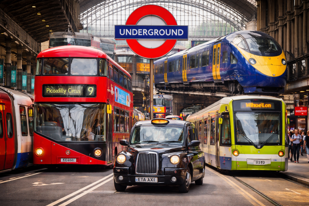 Iconic London transport scene with Underground, red bus, black cab, tram and train