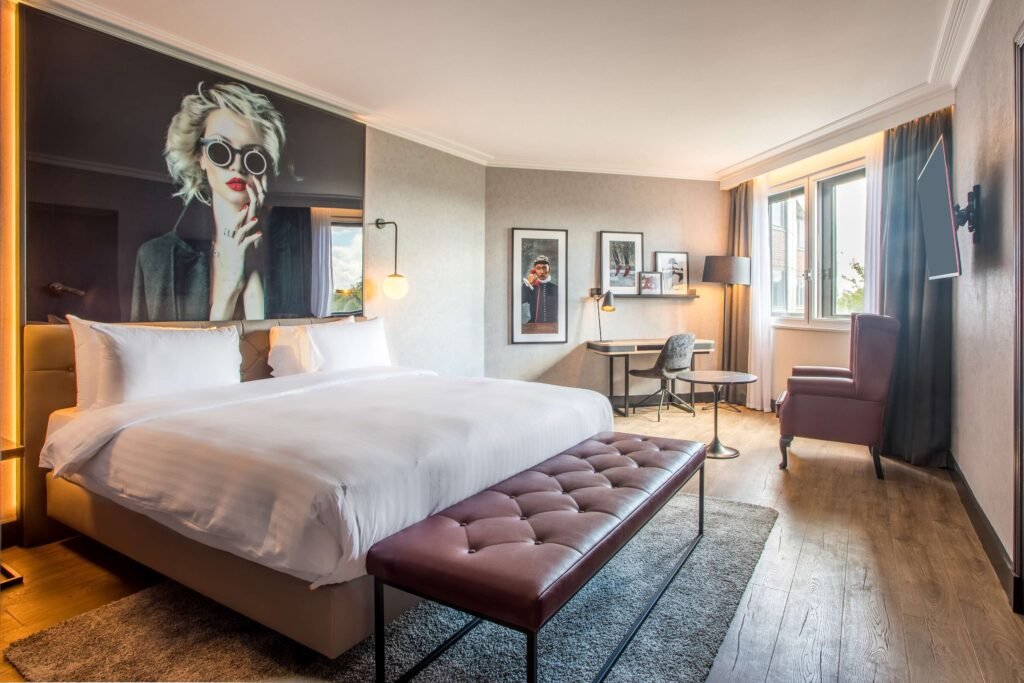 Modern hotel room with stylish decor