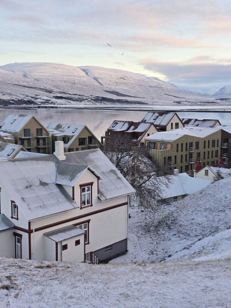 Snowy landscape with quaint houses in Akureyri