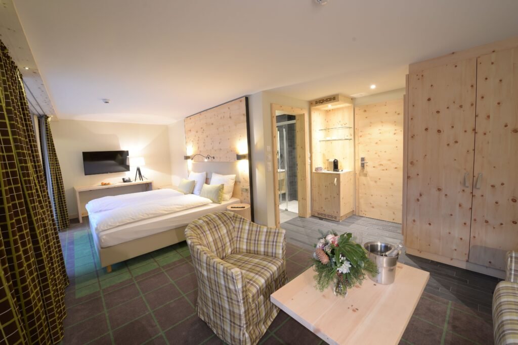 Modern hotel room with wooden decor