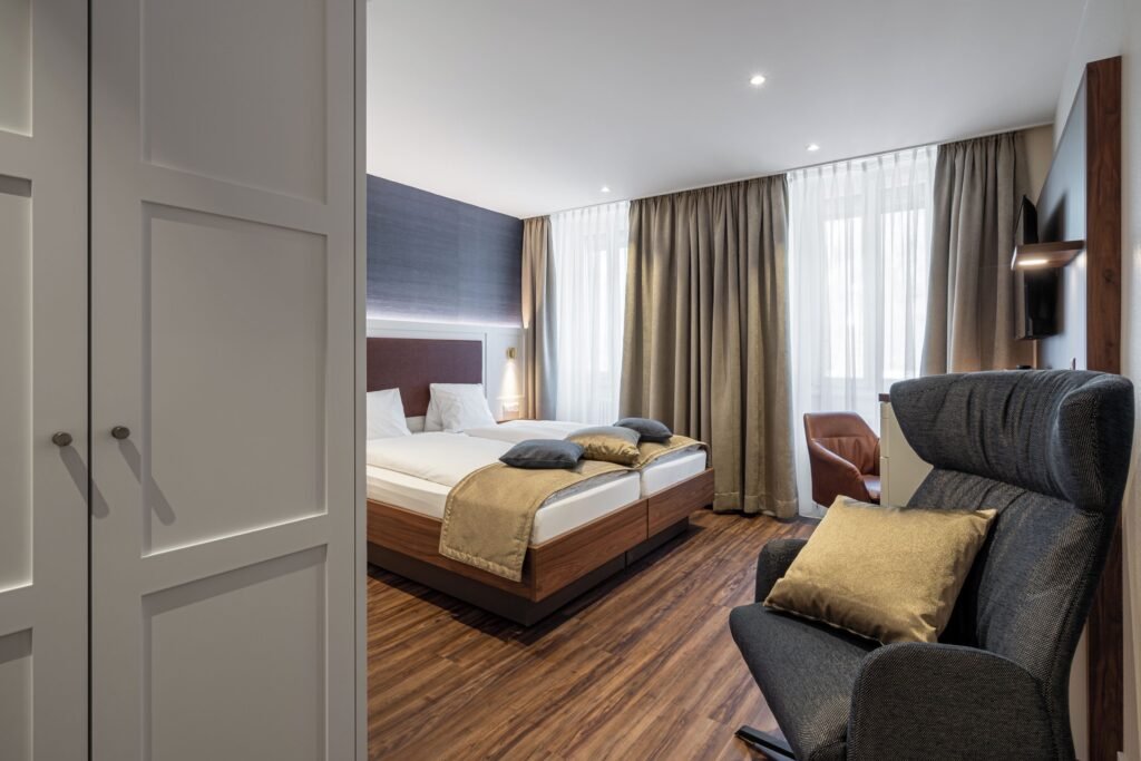 Modern hotel room with twin beds