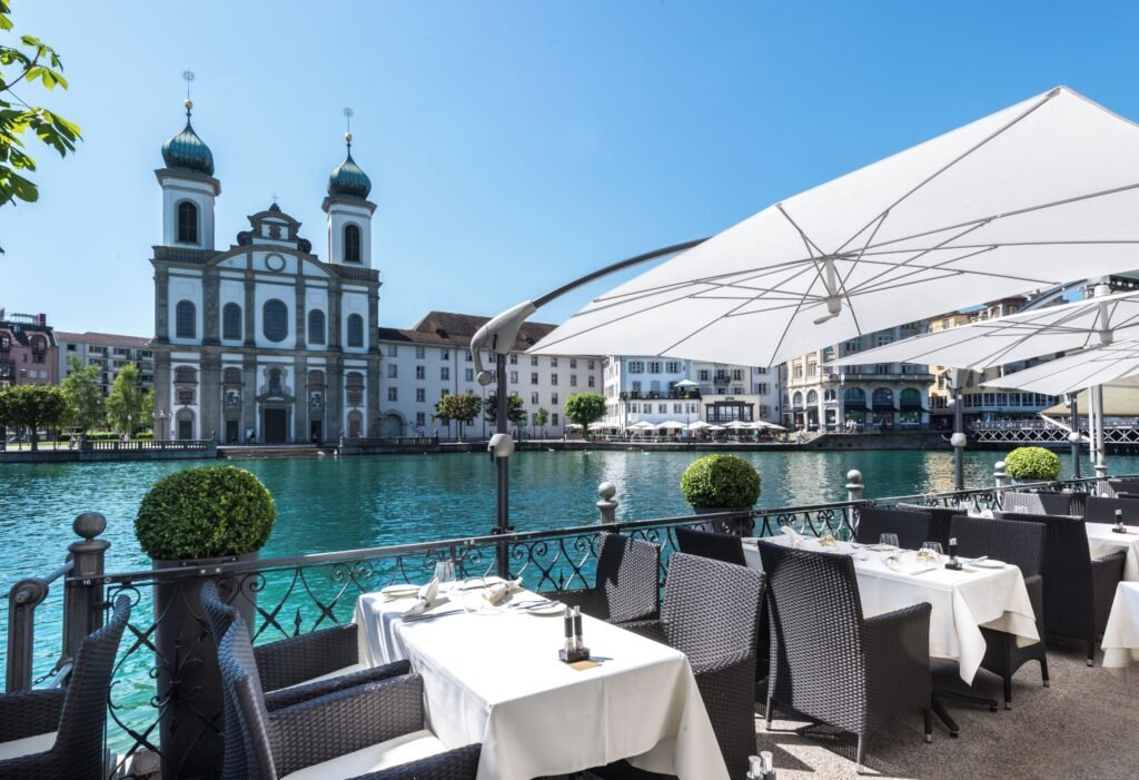 Scenic riverside dining with historic architecture