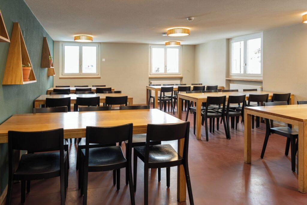 Empty dining area with wooden tables