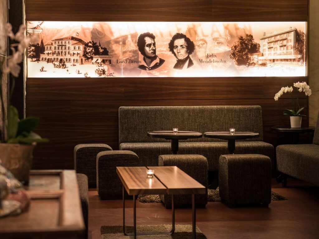 Stylish lounge with ambient lighting.