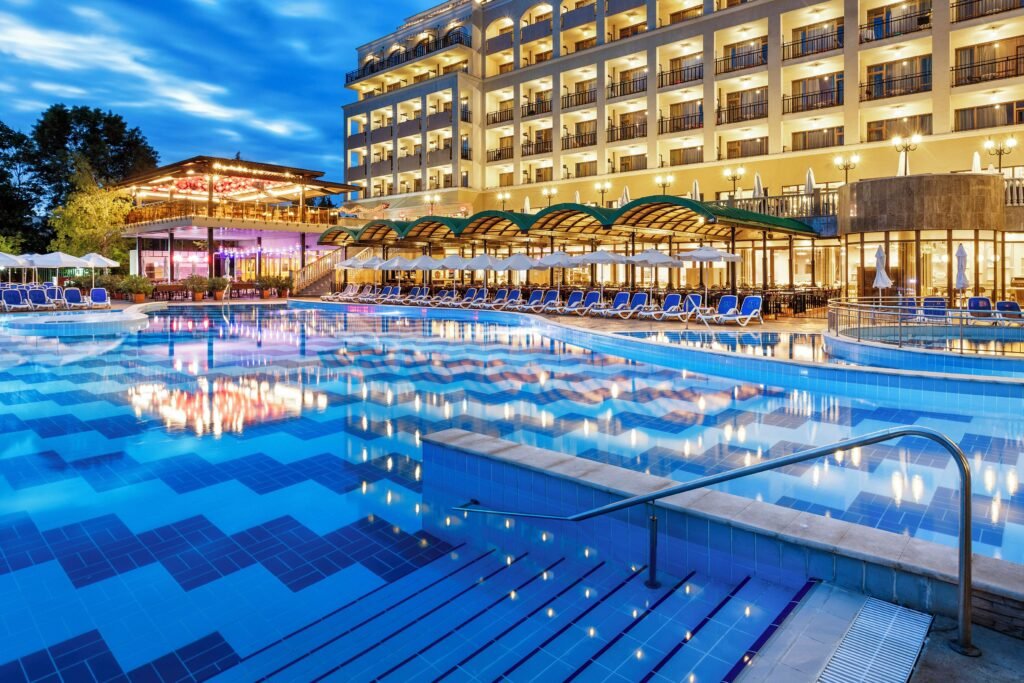 Sol Nessebar Bay hotel pool area evening lights all inclusive resort Bulgaria