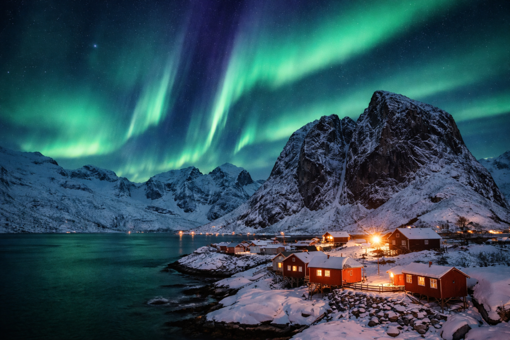 Aurora borealis over snowy mountains.