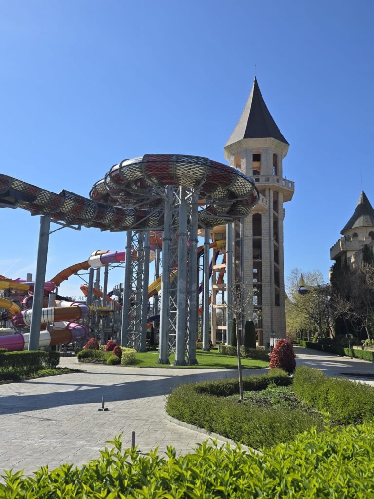 Aquapark Paradise Nesebar castle tower architecture Bulgaria water park view