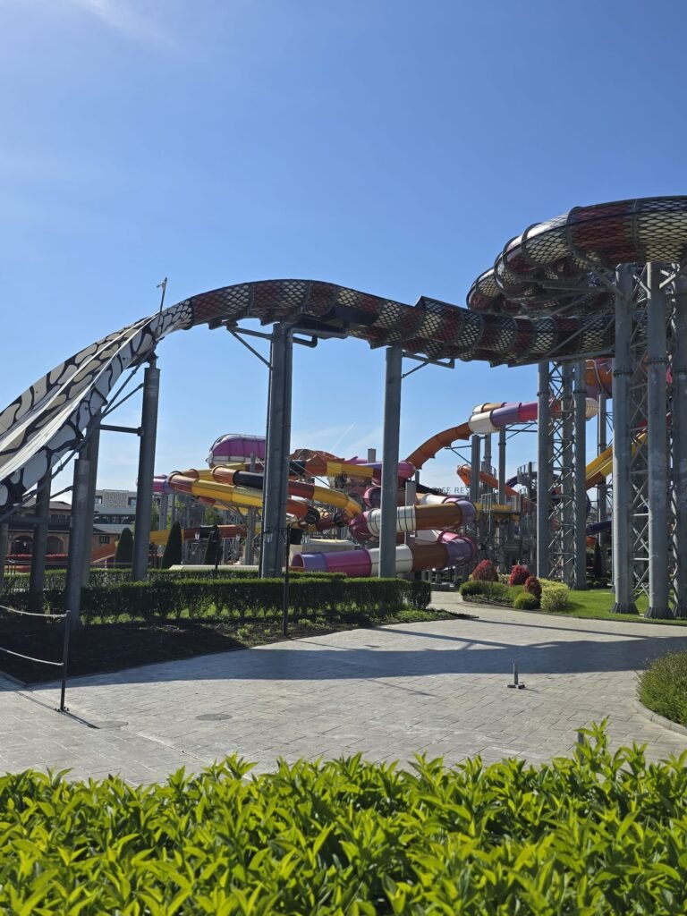 water slides and towers Aquapark Nesebar Bulgaria outdoor view sunny day