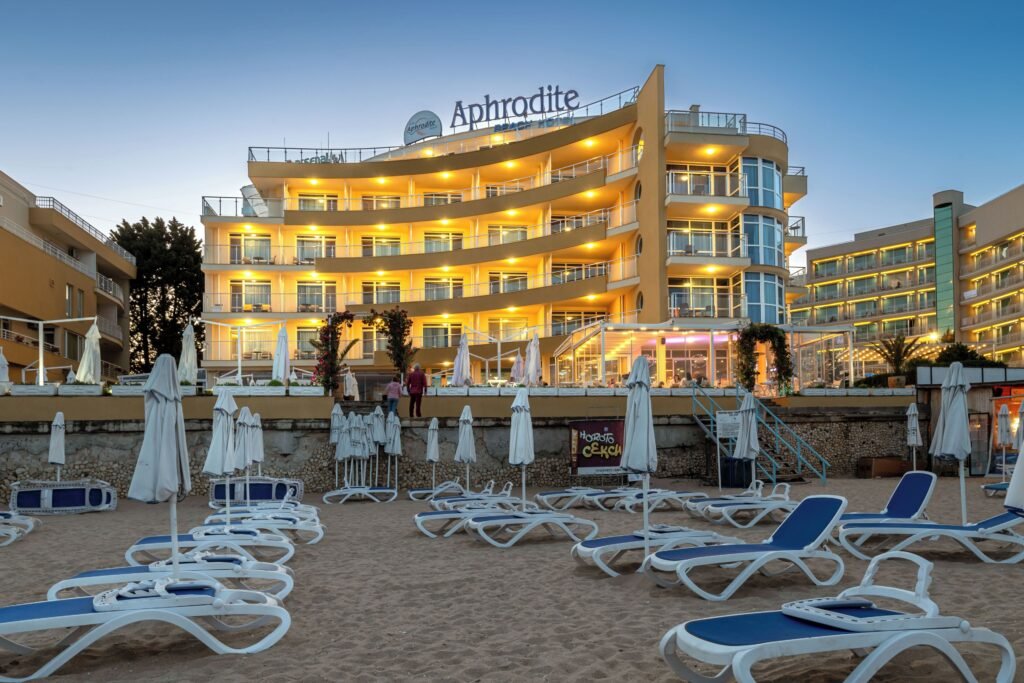 Aphrodite Beach Hotel Nessebar exterior beachfront at sunset Bulgaria