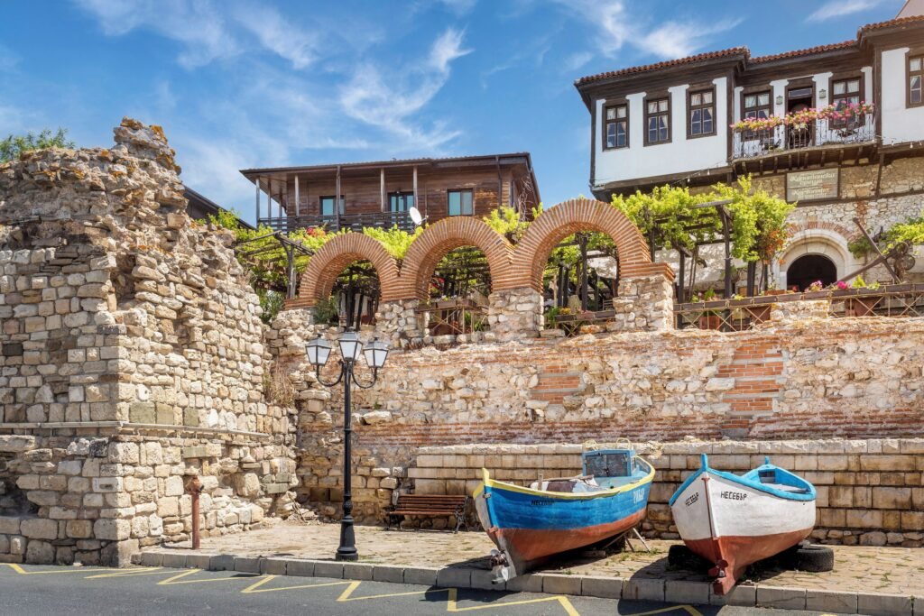 Nessebar old town historic buildings and stone ruins Bulgaria UNESCO site