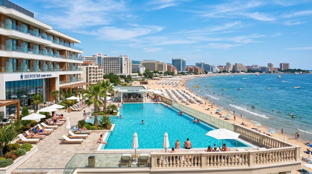 Aerial view of Sunny Beach hotels and the Black Sea coast