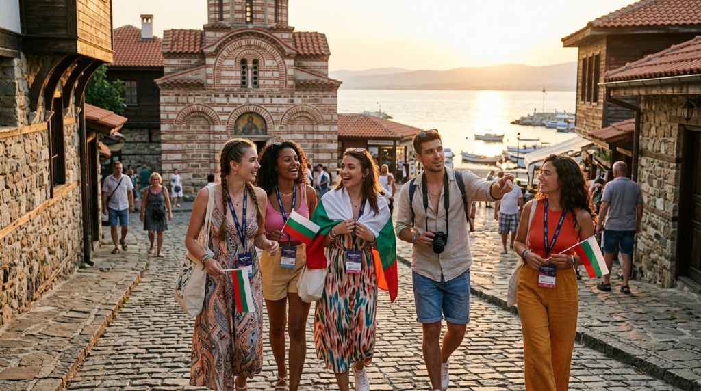 International Eurovision 2027 visitors walking through historic Nessebar in Bulgaria during a summer sunset