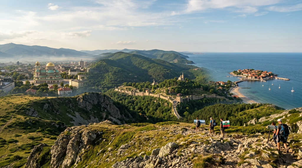 Travelers overlooking Bulgaria’s mountains, coastline and historic landmarks during Eurovision 2027 travel season