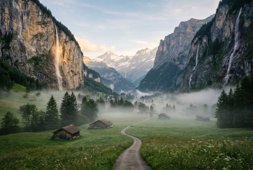 Serene valley with misty mountains around Lauterbrunnen