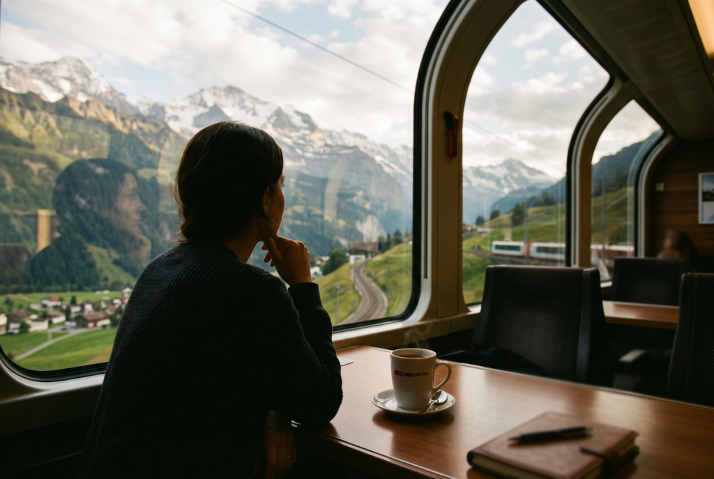 Person gazing at mountain scenery in swiss train