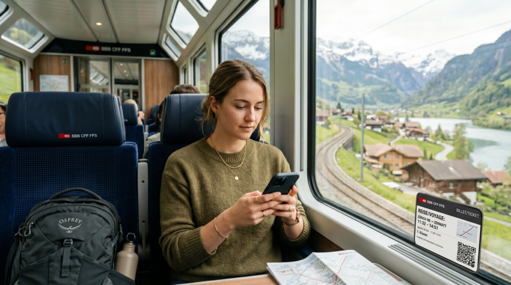 Woman using phone on scenic train journey