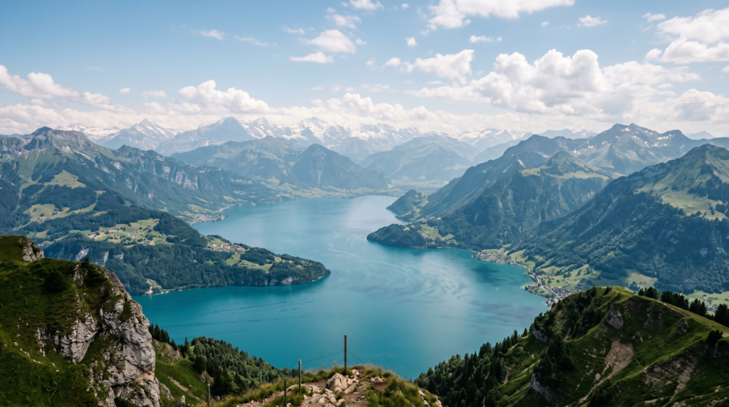 Panoramic view of Lake Lucerne from Mount Rigi with turquoise water and distant Alps