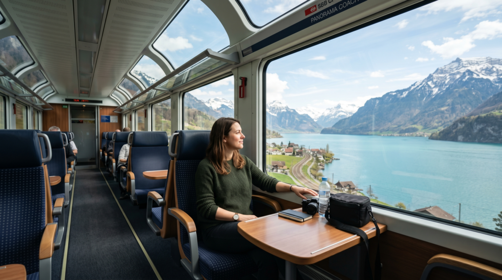 Luzern Interlaken Express train alongside Lake Brienz Switzerland