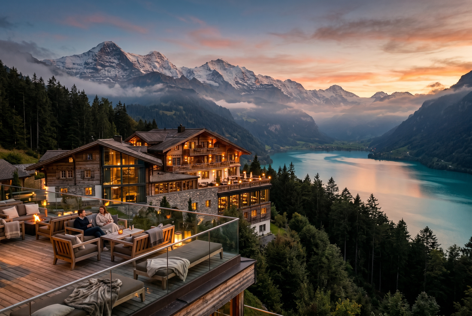 Scenic mountain lodge at sunset.