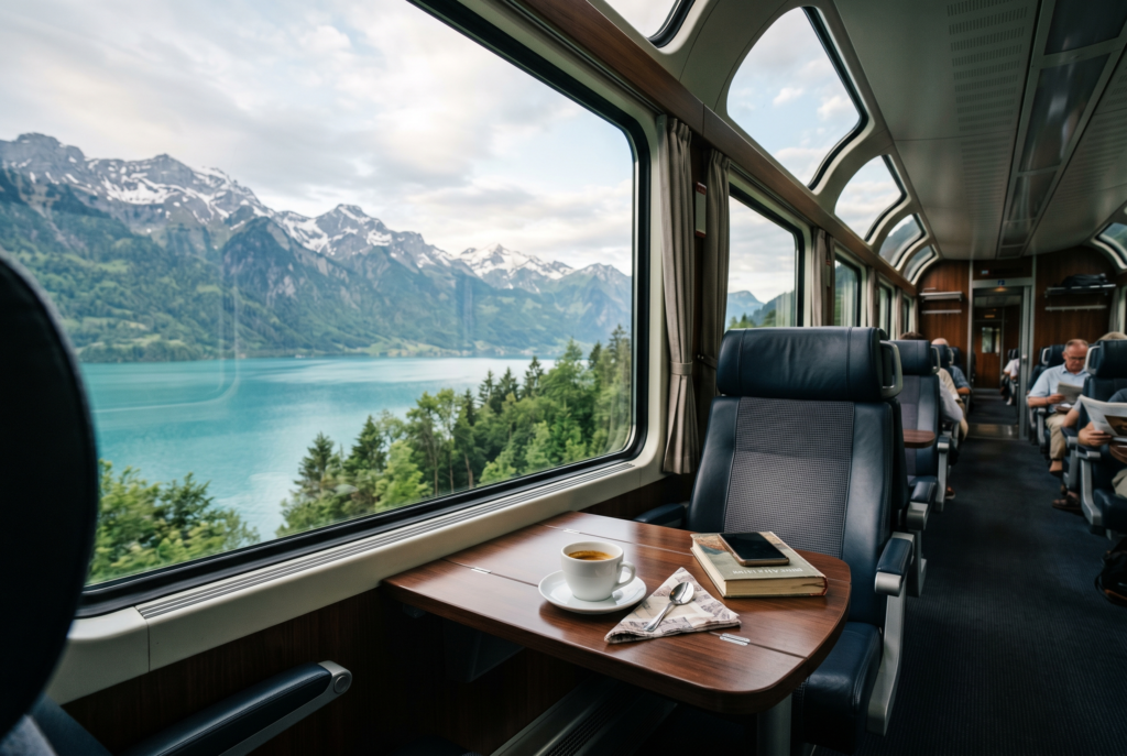 Train interior with scenic mountain view.