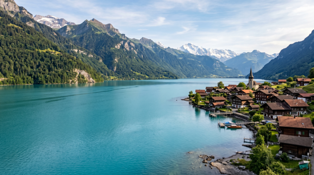 Serene lake surrounded by mountains.