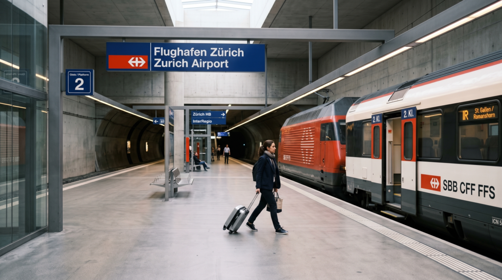 Passenger walking at Zurich Airport station.