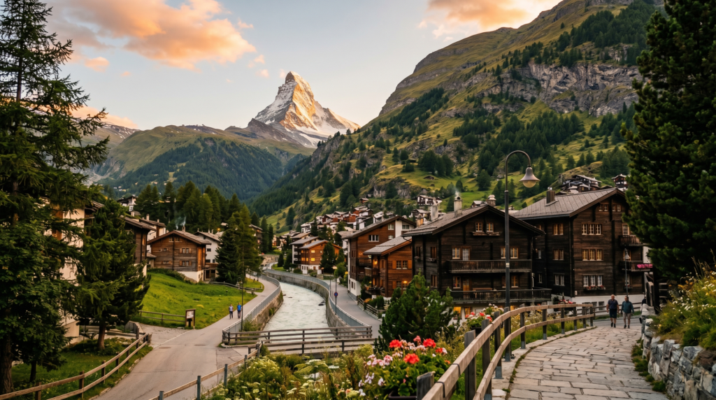 Scenic view of Zermatt village with traditional Swiss chalets, mountain pathway, and the Matterhorn peak in the background during golden hour — day trip from Lucerne by train
