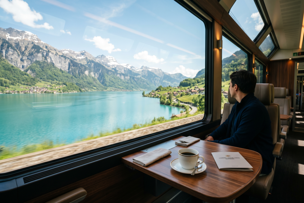 Scenic train journey by the lake.