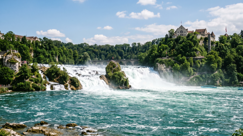 Rhine Falls waterfall with cascading water and green cliffs on a sunny day
