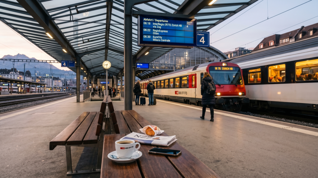 Train station with coffee and pastry