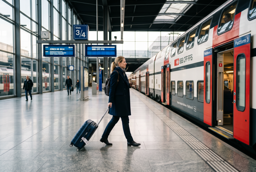 Woman with suitcase at train station at Zurich airport