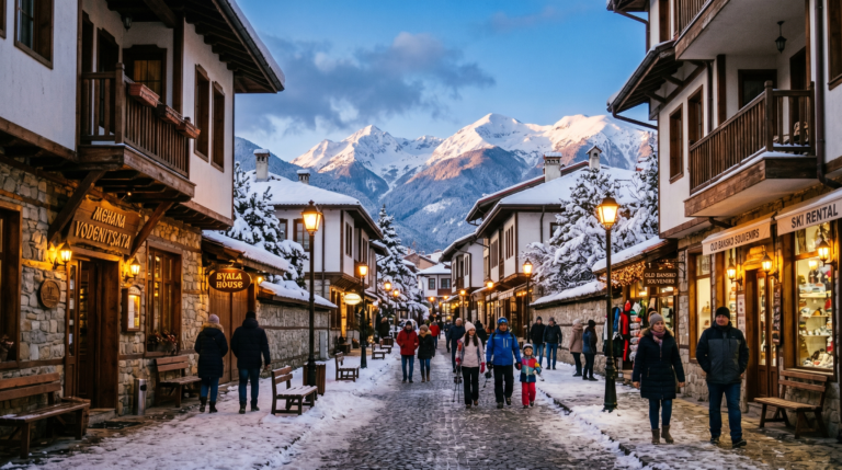 Bansko town centre in winter — walkable streets with mountain views
