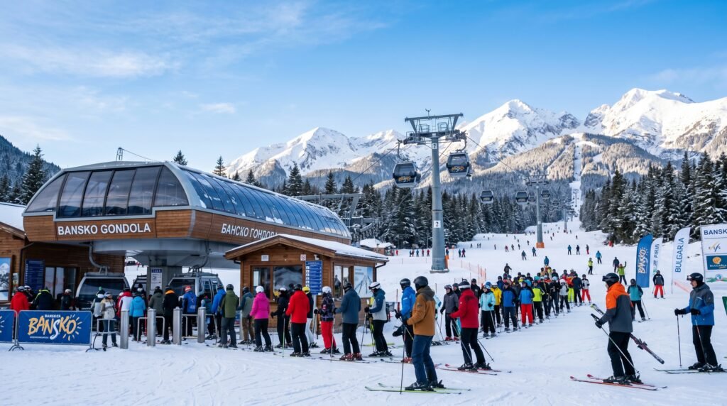Skiers queuing at the Bansko gondola station with snow-covered Pirin Mountains in the background during peak ski season in Bulgaria