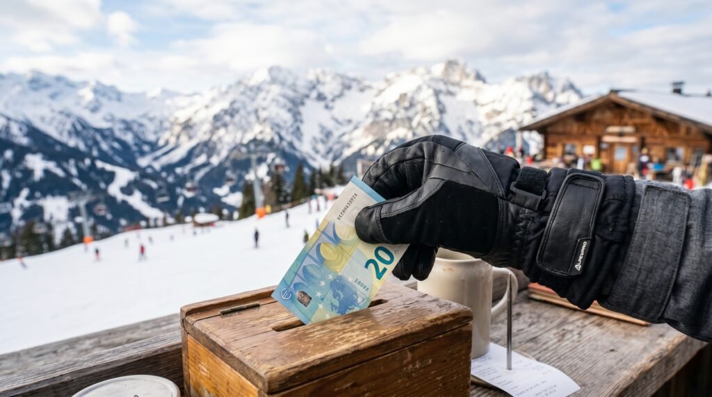 Handing over a tip in euros after ski lessons in Bulgaria