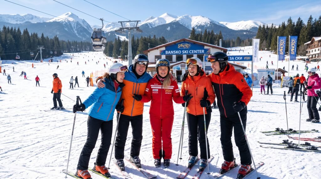 Happy group finishing ski lessons in Bansko Bulgaria