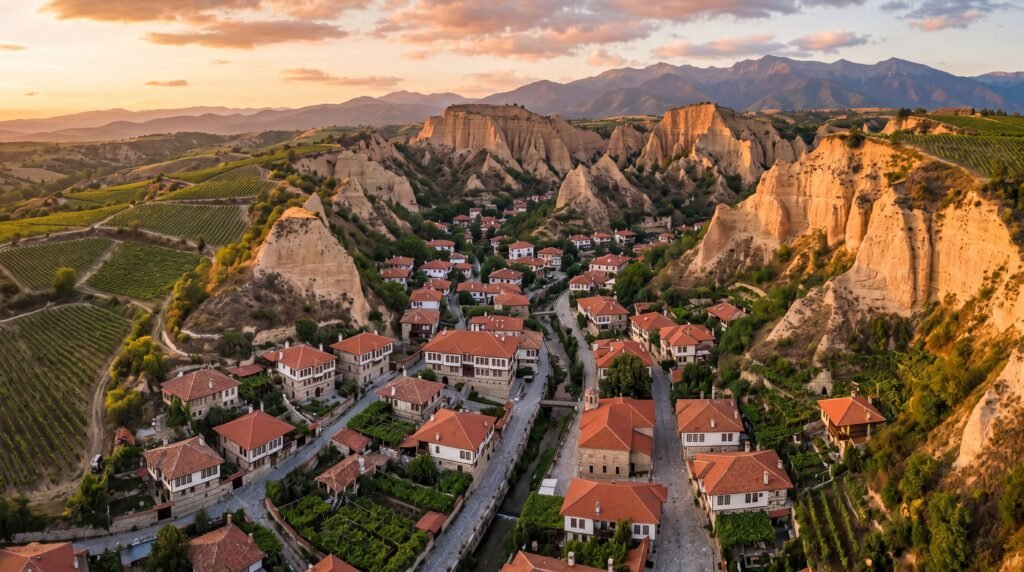 Aerial view of Melnik surrounded by sandstone pyramids and vineyards in Bulgaria