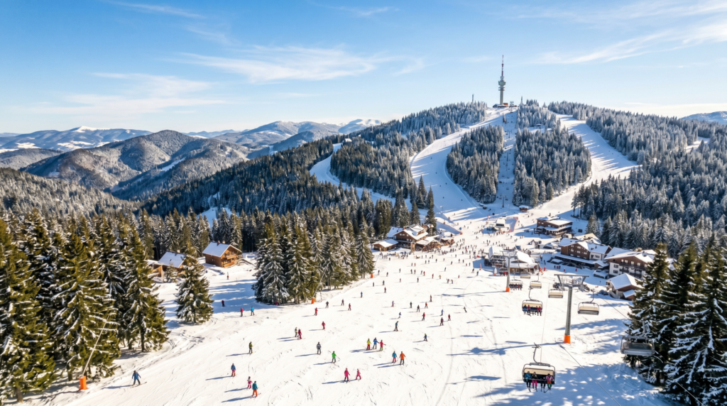 Sunny ski slopes at Pamporovo in the Rhodope Mountains, Bulgaria