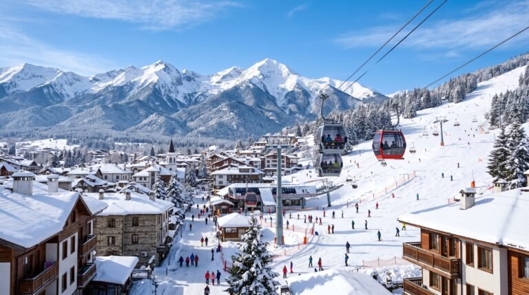 Bansko ski resort Bulgaria with gondola and snowy Pirin mountains