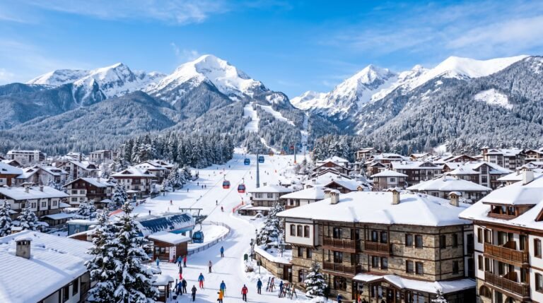 Bansko ski resort Bulgaria with snow-covered Pirin mountains and gondola
